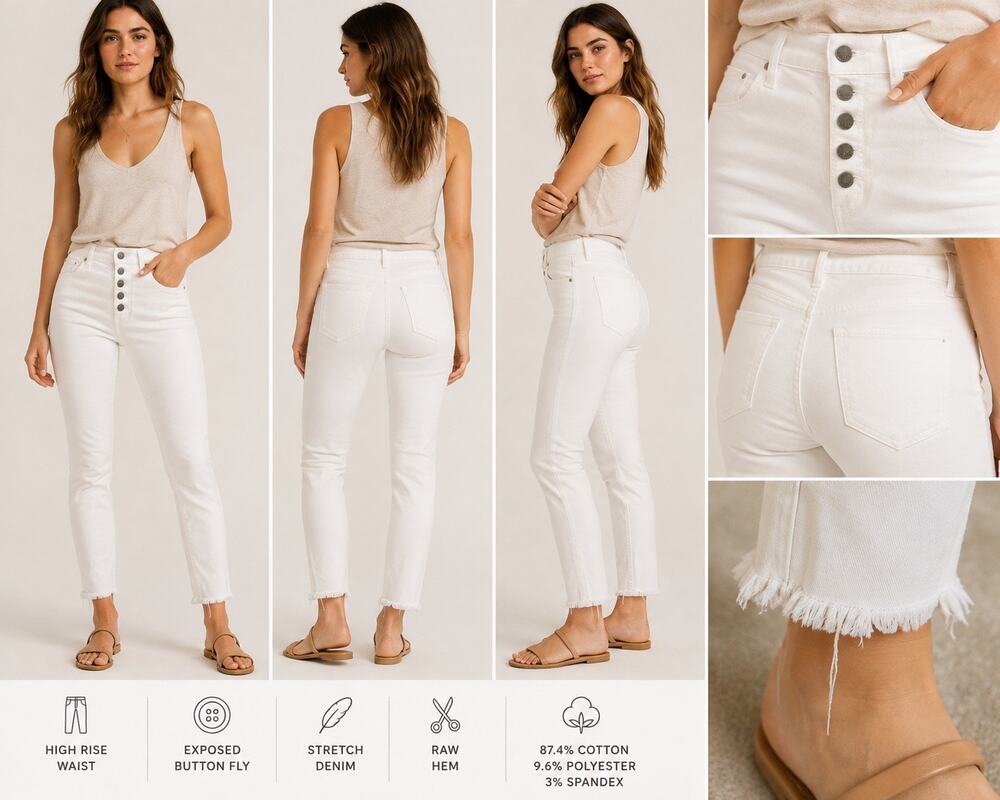 Nature Denim White High Rise Skinny Jeans 1/24 Button Fly Raw Hem